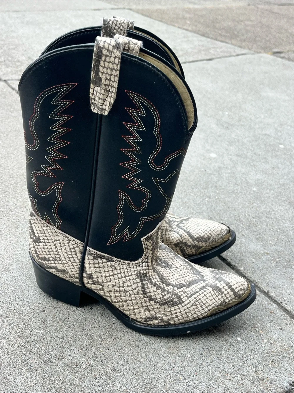 Kids Snake-Print Western Boots in Black and Cream